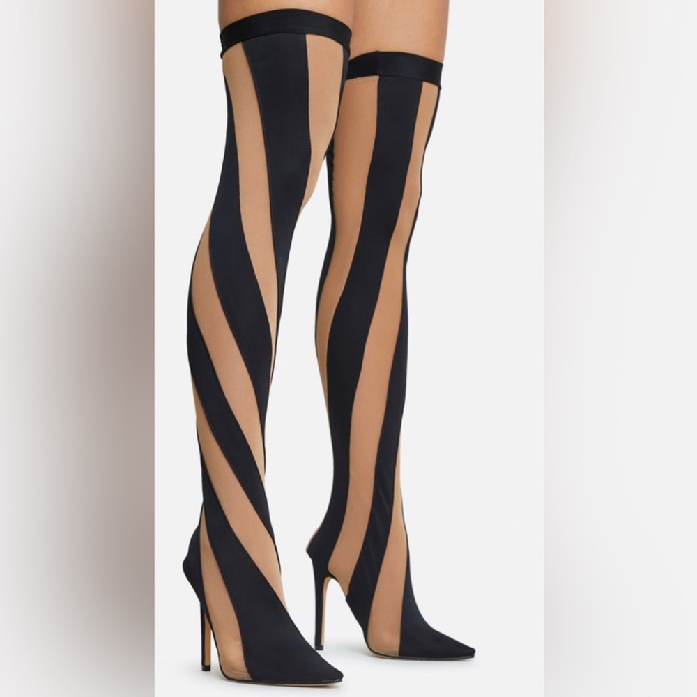 Striped Black and Tan High Heel Boots